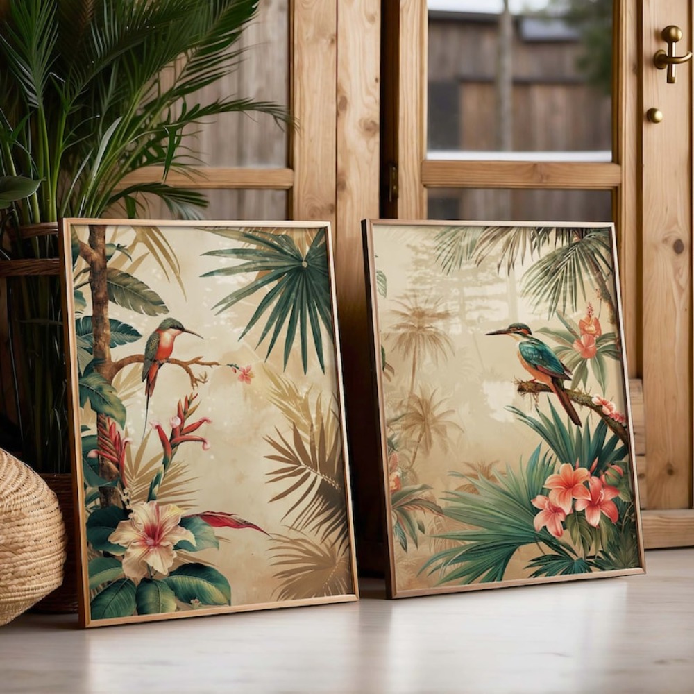 Live Plant Fertilizer - 2 frameloze retro plantenvogelposters, tropische bloemplantenprints,